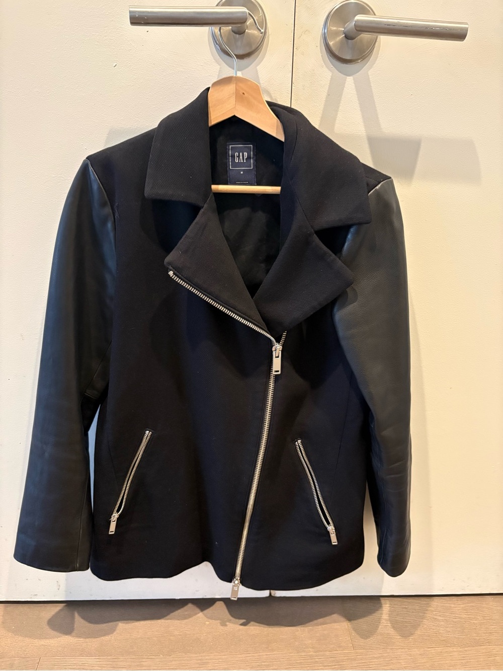GAP Black Moto Jacket with Faux Leather Sleeves